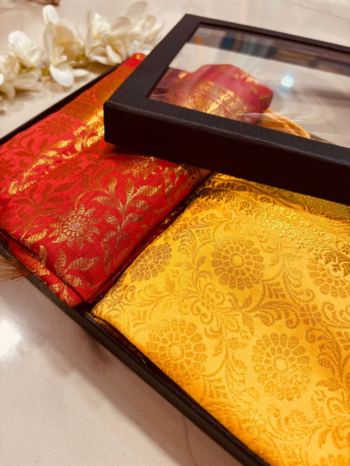 Premium Red and Yellow Banarasi Silk Fashion Stole Gift Set of Two Stylish Wrap for Festive | College | Casual | Night Parties - Luxurion World