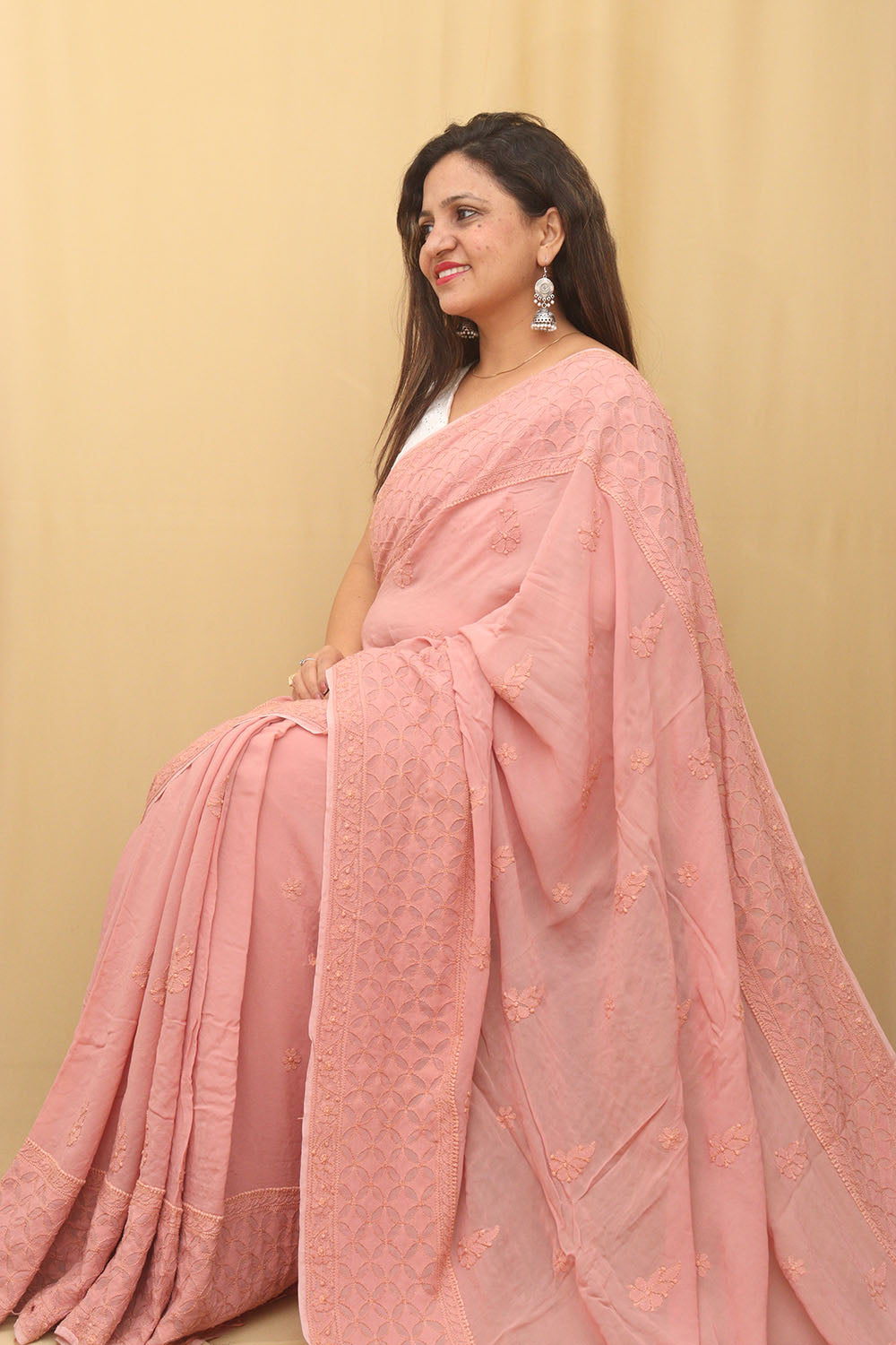 Shop Pink Chikankari Georgette Saree Online - Luxurion World
