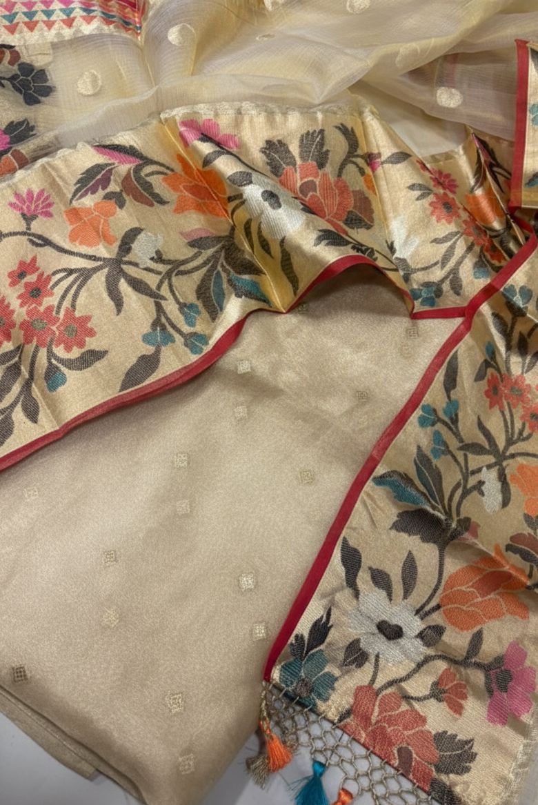 Golden Banarasi Tissue Silk Suit Set 3 Piece with Paithani Border Dupatta - Luxurion World