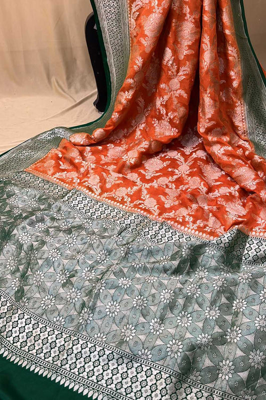 Orange Handloom Banarasi Pure Georgette Saree - Luxurion World