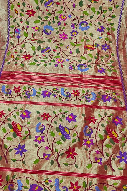 Golden Paithani Handloom Pure Silk Brocade Saree - Luxurion World