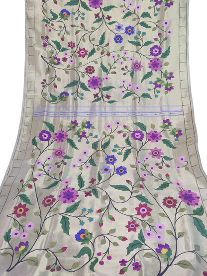 Silver Paithani with floral work Brocade Handloom Pure Silk Saree - Luxurion World