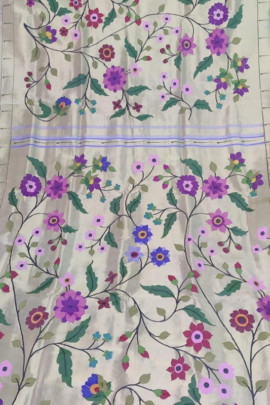 Silver Paithani with floral work Brocade Handloom Pure Silk Saree