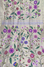 Silver Paithani with floral work Brocade Handloom Pure Silk Saree - Luxurion World