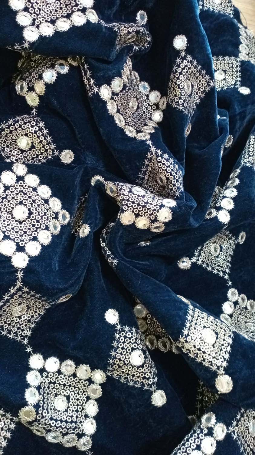 Blue Trendy Foil Print Velvet Fabric ( 1 Mtr ) - Luxurion World