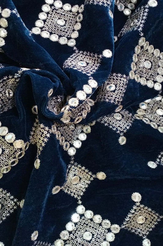 Blue Trendy Foil Print Velvet Fabric ( 1 Mtr ) - Luxurion World