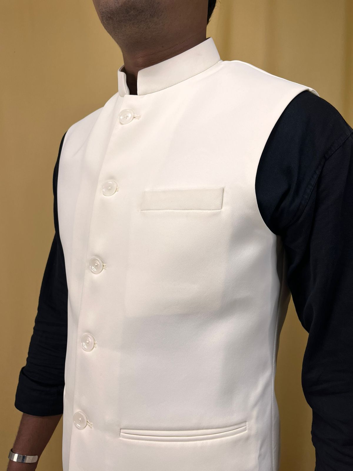 Off White Crepe Silk Formal Nehru Jacket - Luxurion World