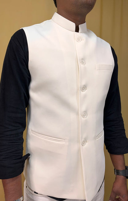 Off White Crepe Silk Formal Nehru Jacket - Luxurion World