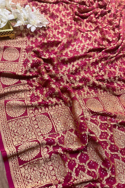 Stunning Pink Banarasi Bandhani Georgette Saree - Luxurion World
