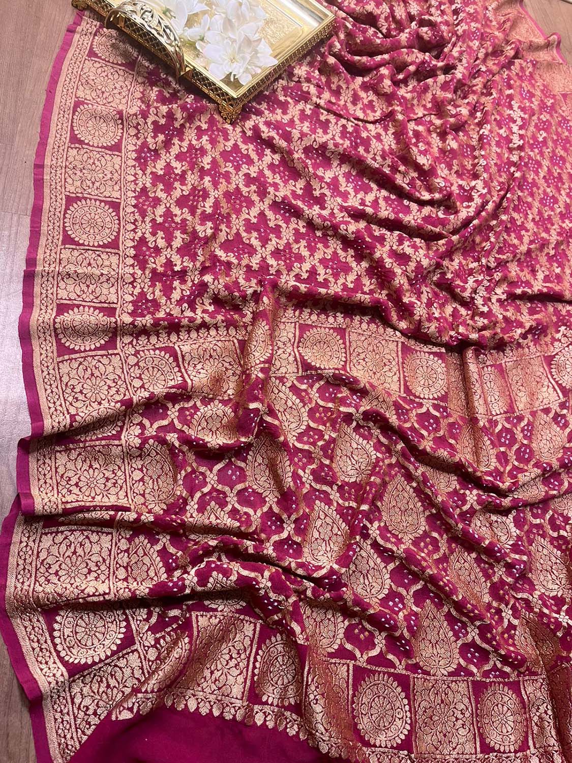 Stunning Pink Banarasi Bandhani Georgette Saree - Luxurion World