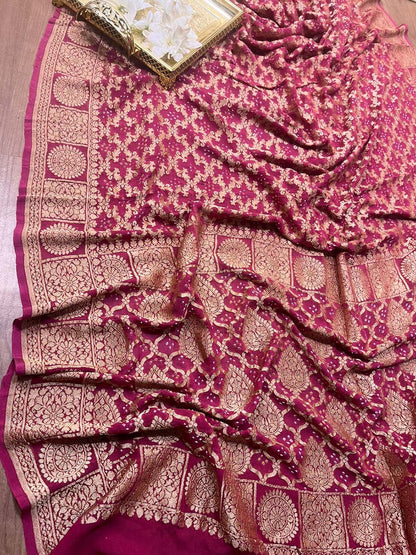 Stunning Pink Banarasi Bandhani Georgette Saree - Luxurion World