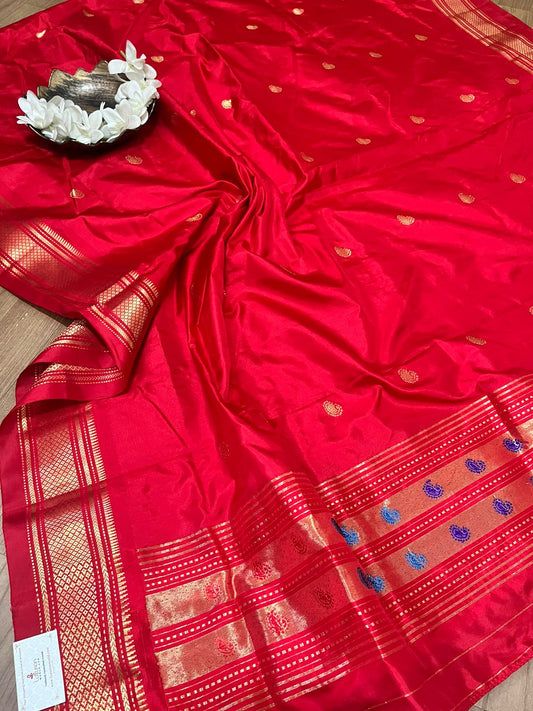 Red Paithani Handloom Pure Silk Dupatta - Luxurion World