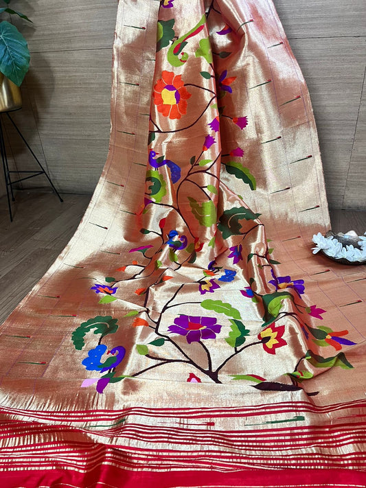Red Paithani Handloom Pure Silk Brocade Muniya Border Flower Design Dupatta - Luxurion World