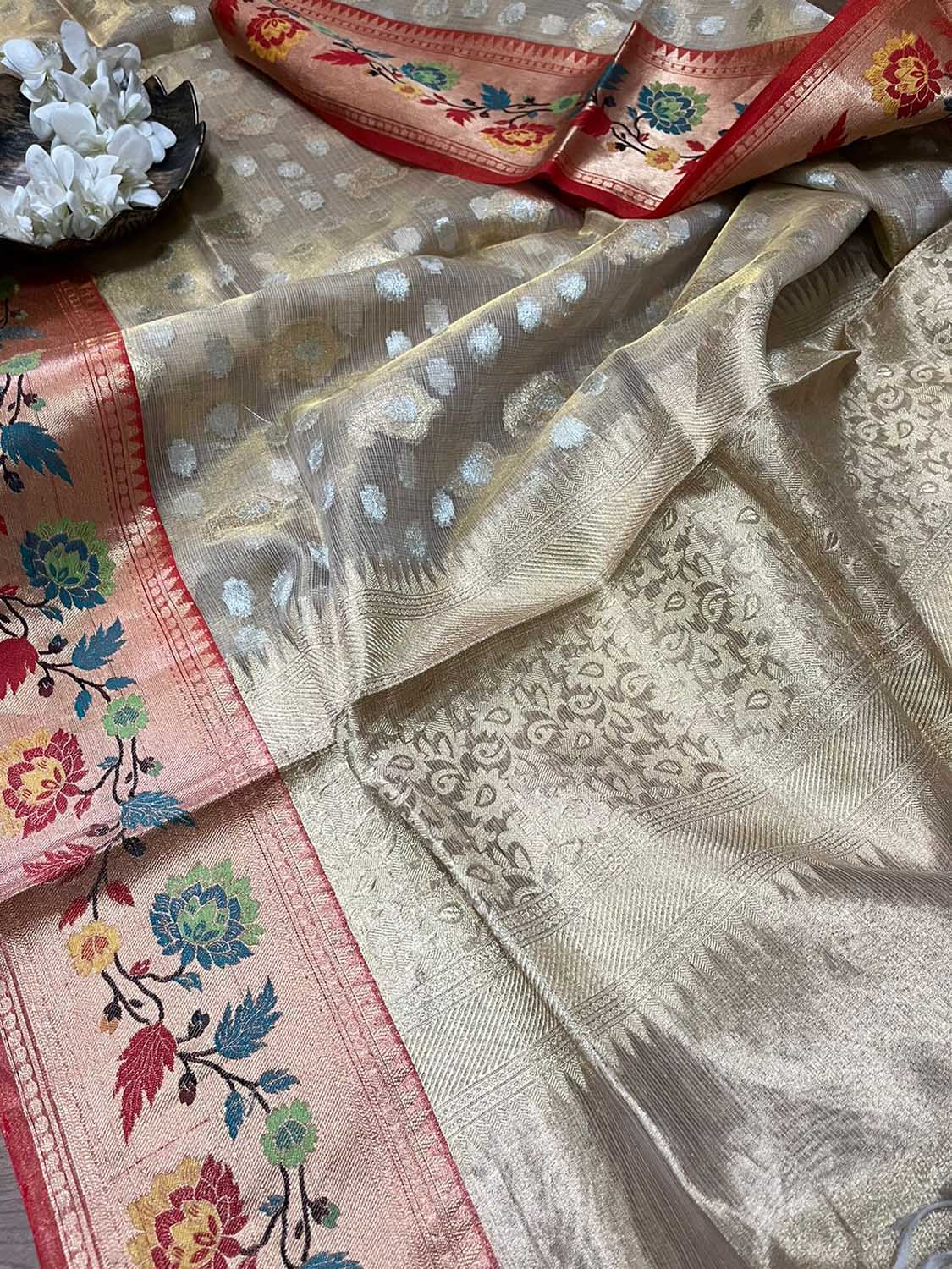 Elegant Pastel Banarasi Kota Tissue Paithani Dupatta with Design Border - Luxurion World