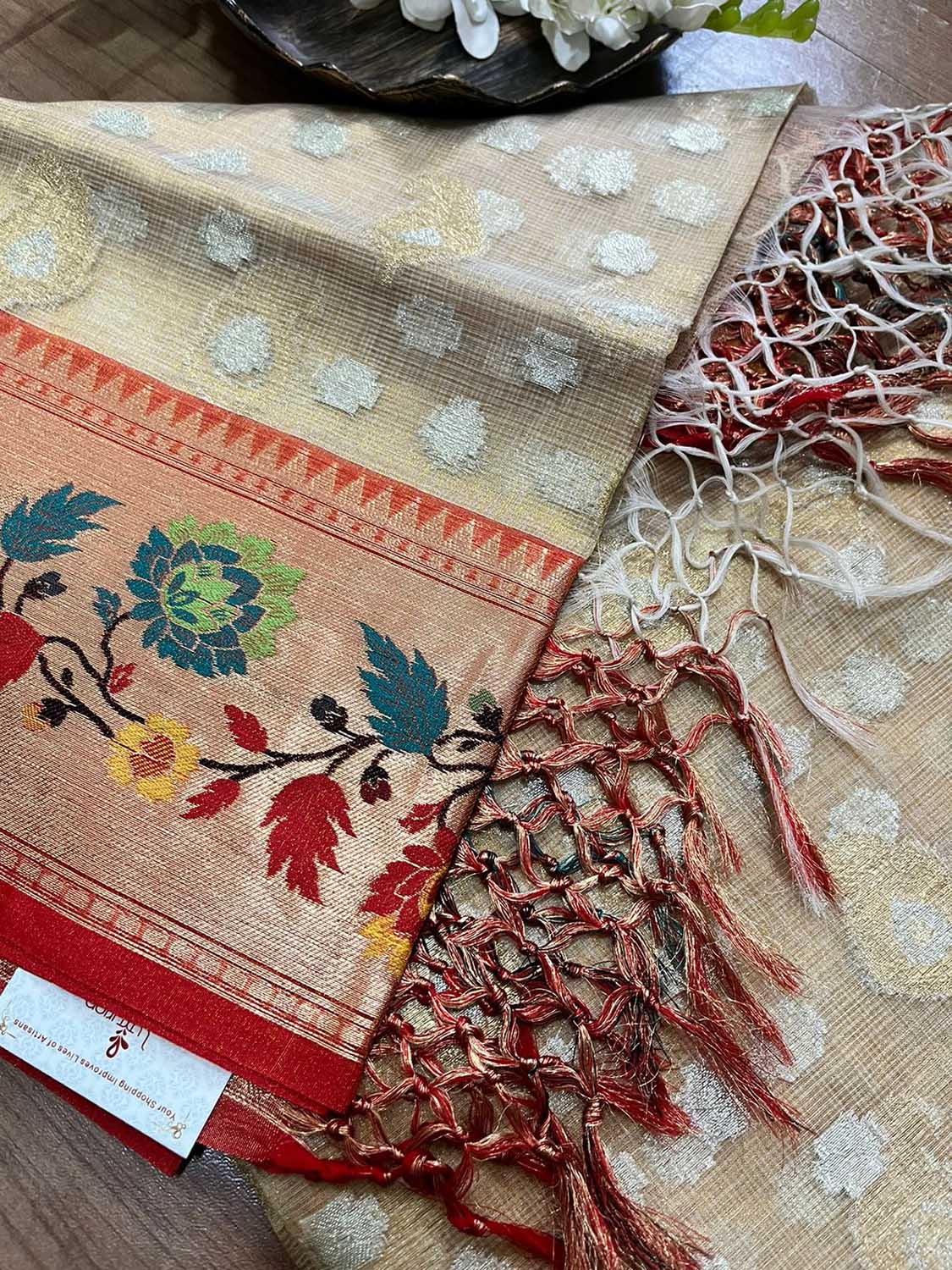 Elegant Pastel Banarasi Kota Tissue Paithani Dupatta with Design Border - Luxurion World