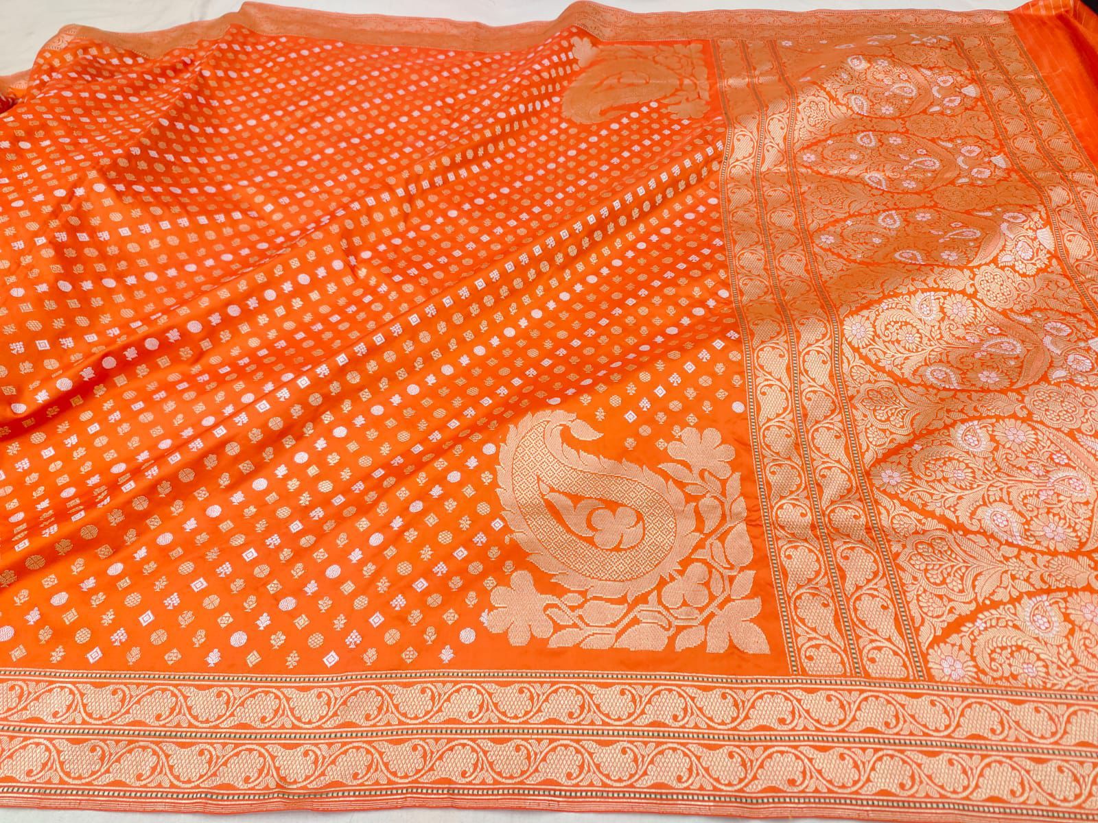 Orange Handwoven Banarasi Pure Katan Silk Sona Roopa Saree - Luxurion World