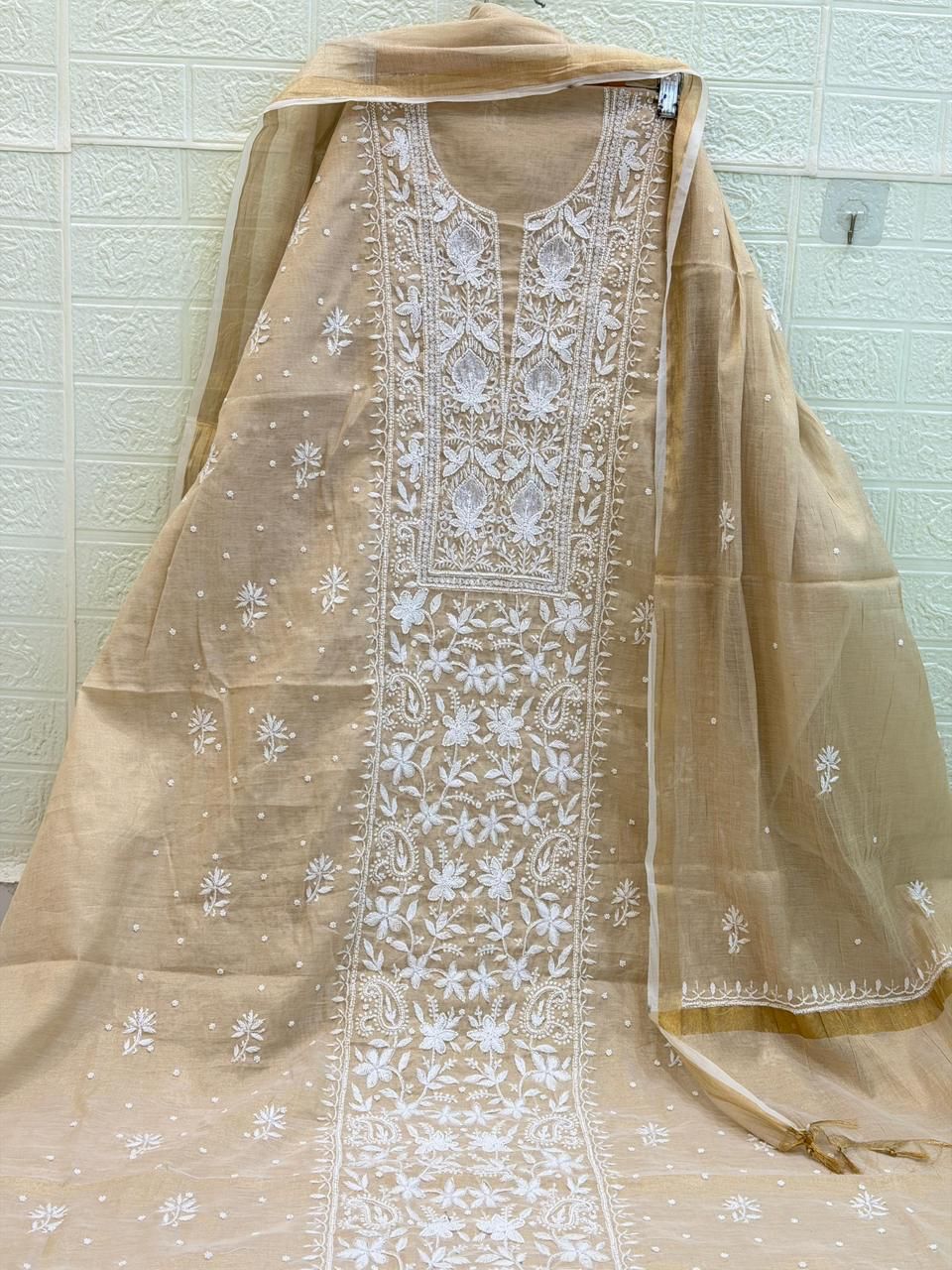 Tissue Chanderi Chikankari Suit - Luxurion World