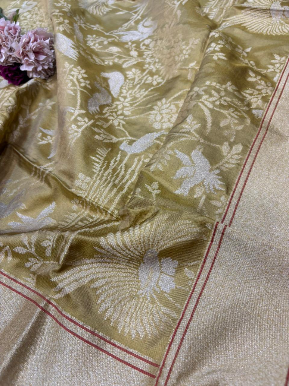Green Handloom Banarasi Pure Katan Silk Bird Design Sona Roopa Dupatta - Luxurion World