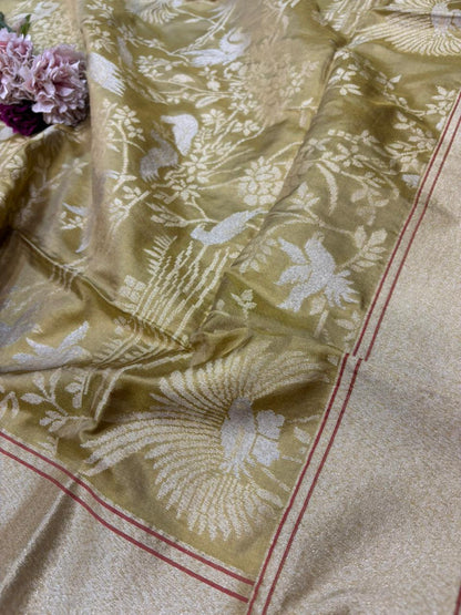 Green Handloom Banarasi Pure Katan Silk Bird Design Sona Roopa Dupatta - Luxurion World
