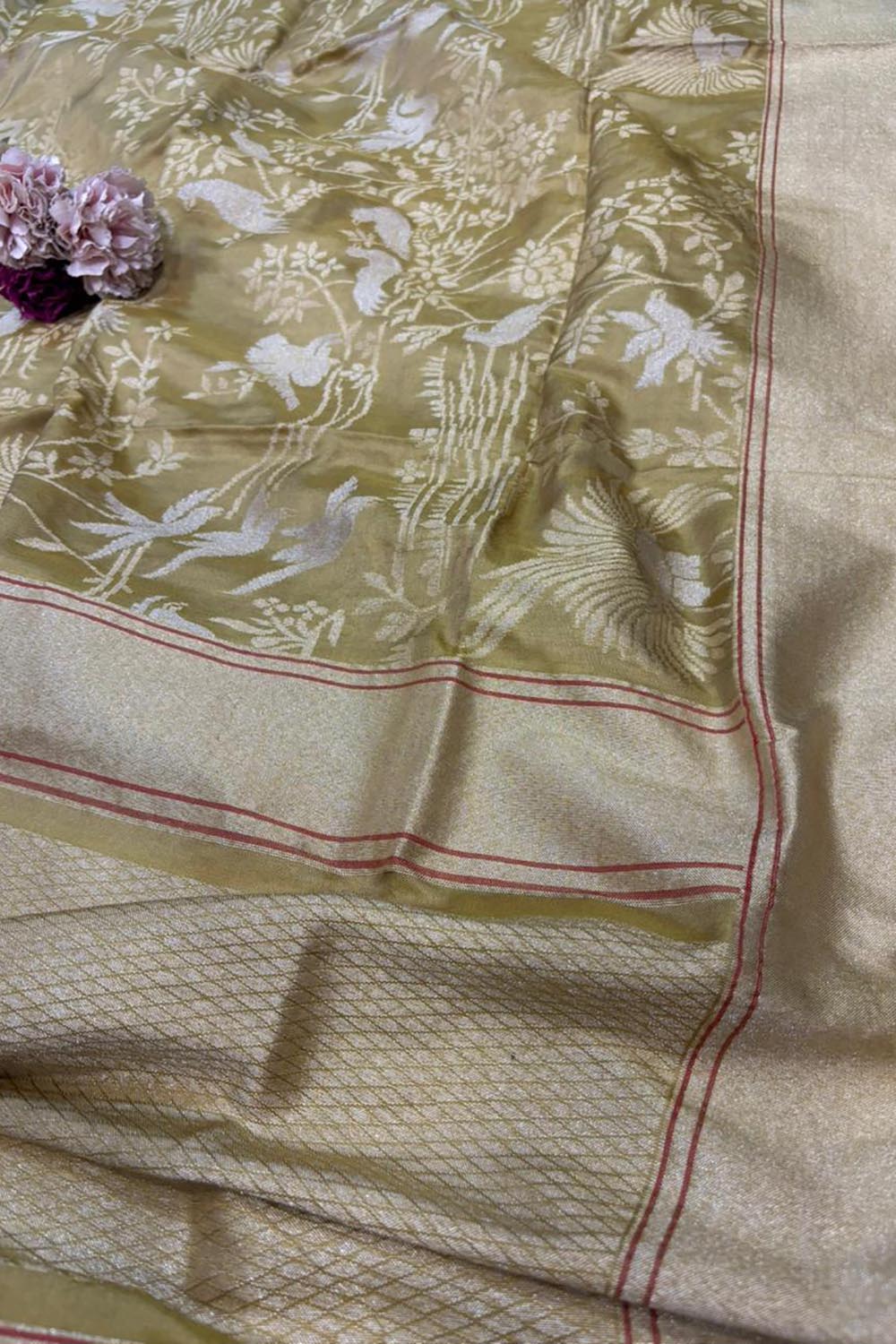 Green Handloom Banarasi Pure Katan Silk Bird Design Sona Roopa Dupatta - Luxurion World