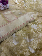 Green Handloom Banarasi Pure Katan Silk Bird Design Sona Roopa Dupatta - Luxurion World