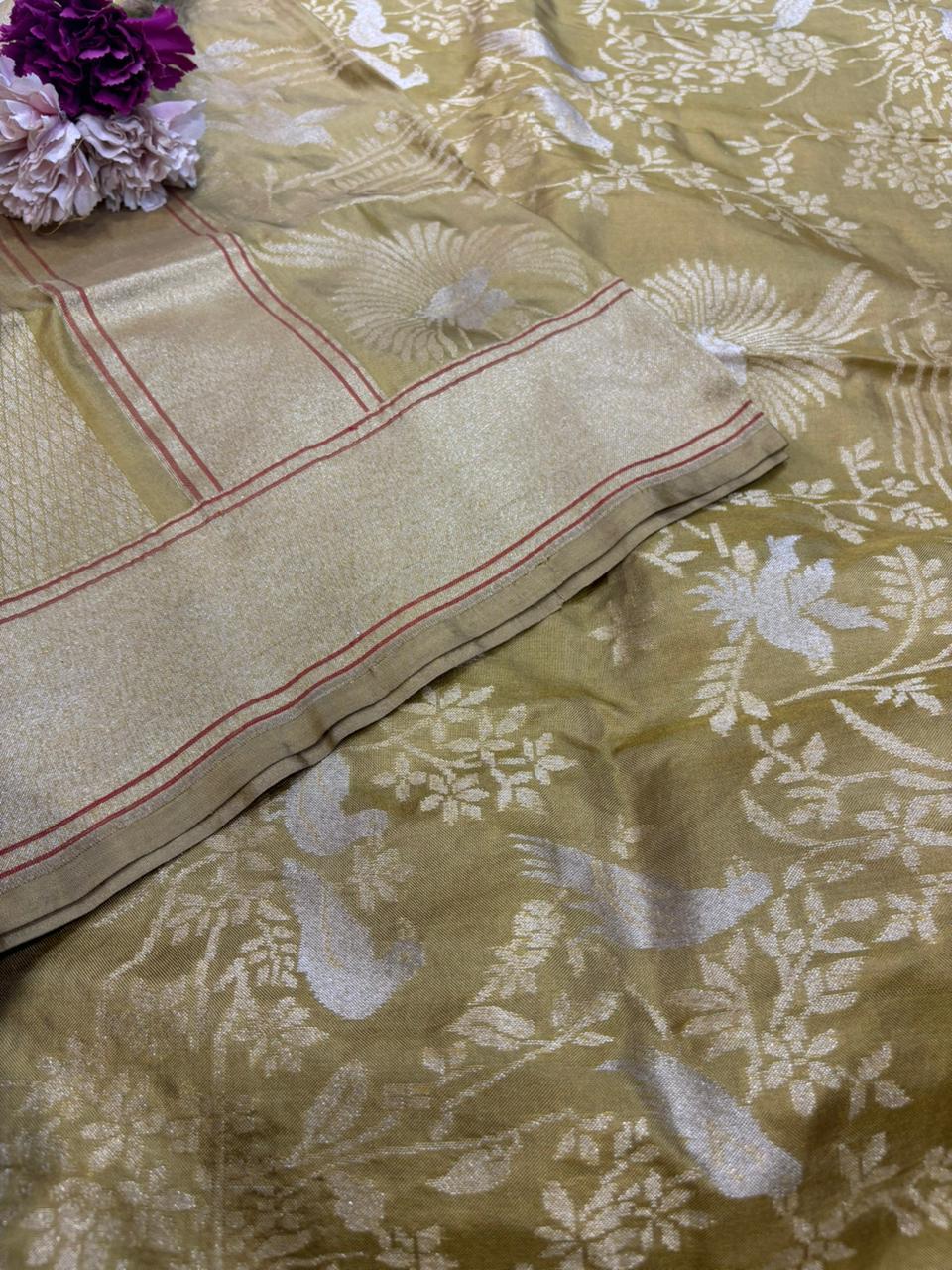 Green Handloom Banarasi Pure Katan Silk Bird Design Sona Roopa Dupatta - Luxurion World