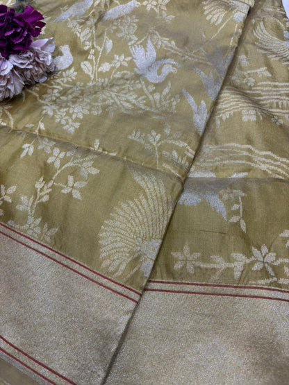 Green Handloom Banarasi Pure Katan Silk Bird Design Sona Roopa Dupatta - Luxurion World