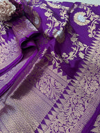 Exquisite Purple Handloom Banarasi Pure Katan Silk Flower Design Sona Roopa Dupatta - Luxurion World