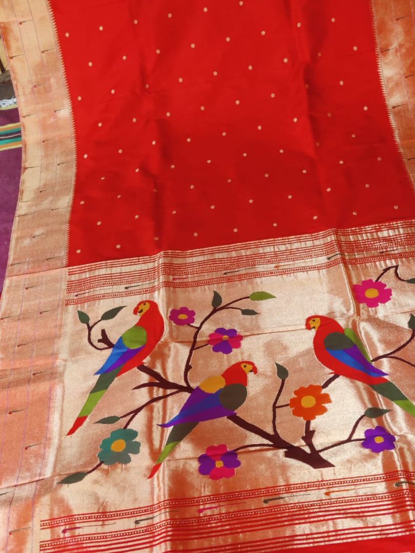 Red Paithani Handloom Pure Silk Muniya Border Flower And Parrot Design Saree - Luxurion World