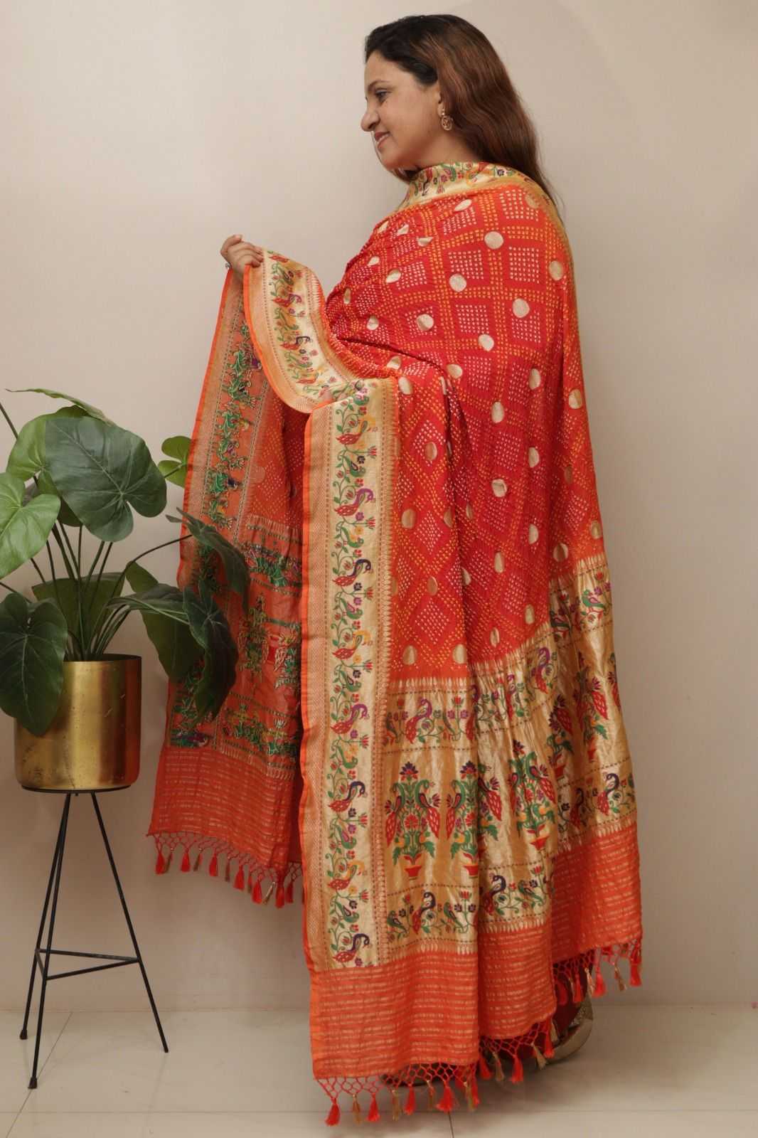 Orange Pure Georgette Bandhani Banarasi Meenakari Dupatta - Luxurion World