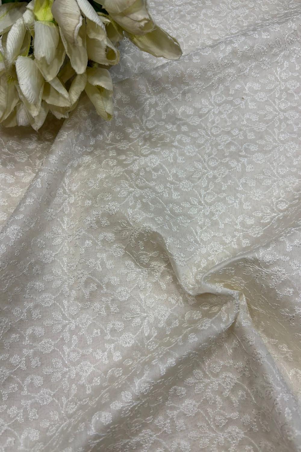 Dyeable Chikankari Embroidered Silk Fabric ( 1 Mtr ) - Luxurion World