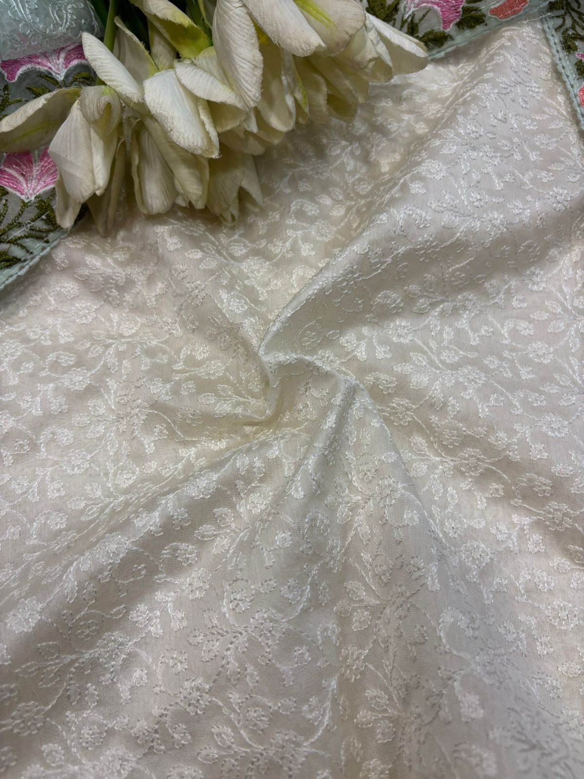 Dyeable Chikankari Embroidered Silk Fabric ( 1 Mtr ) - Luxurion World