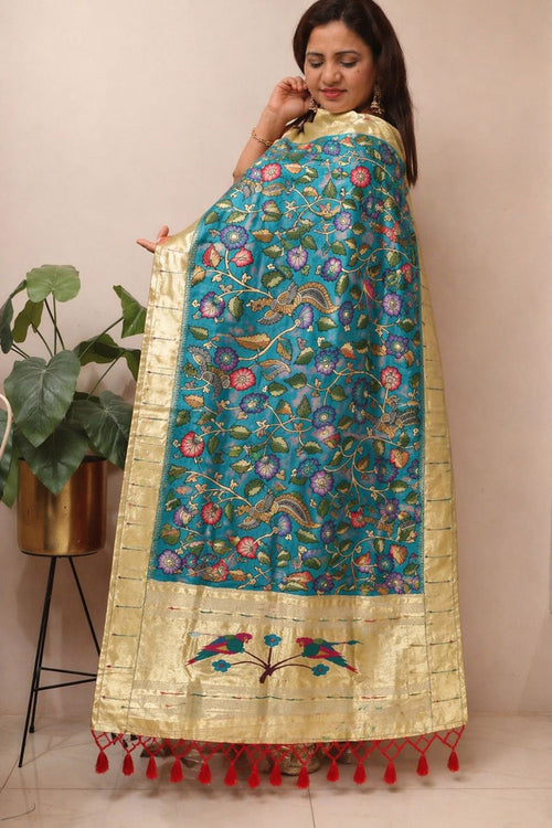 Multicolor Handloom Paithani With Kalamkari Pure Silk Dupatta - Luxurion World- Crafted Heirlooms