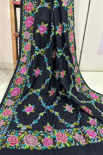 Black Pashmina shawl with petit point work handcrafted masterpiece reflecting timeless elegance and refined luxury appeal - Luxurion World