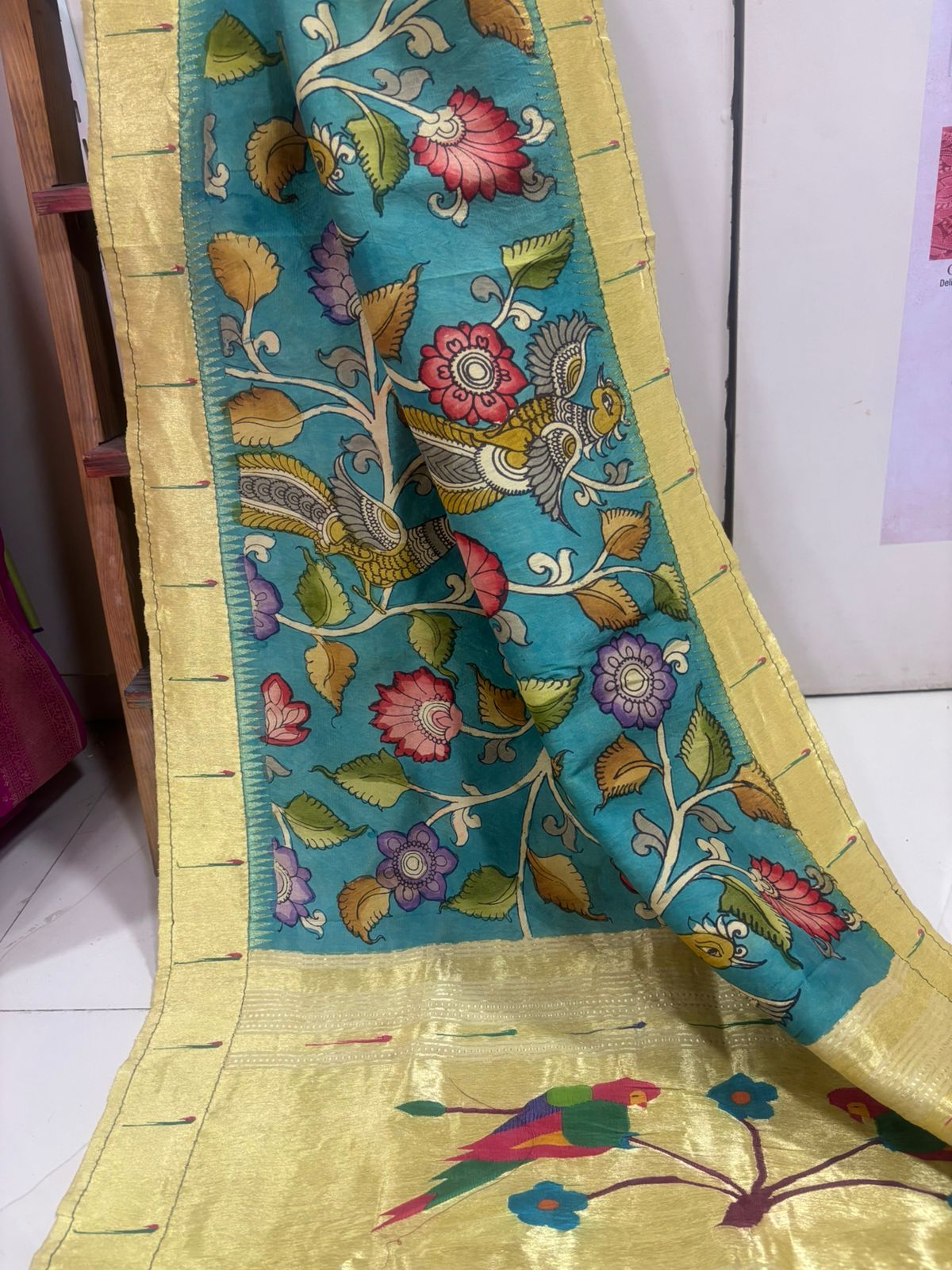 Multicolor Handloom Paithani With Kalamkari Pure Silk Dupatta - Luxurion World- Crafted Heirlooms