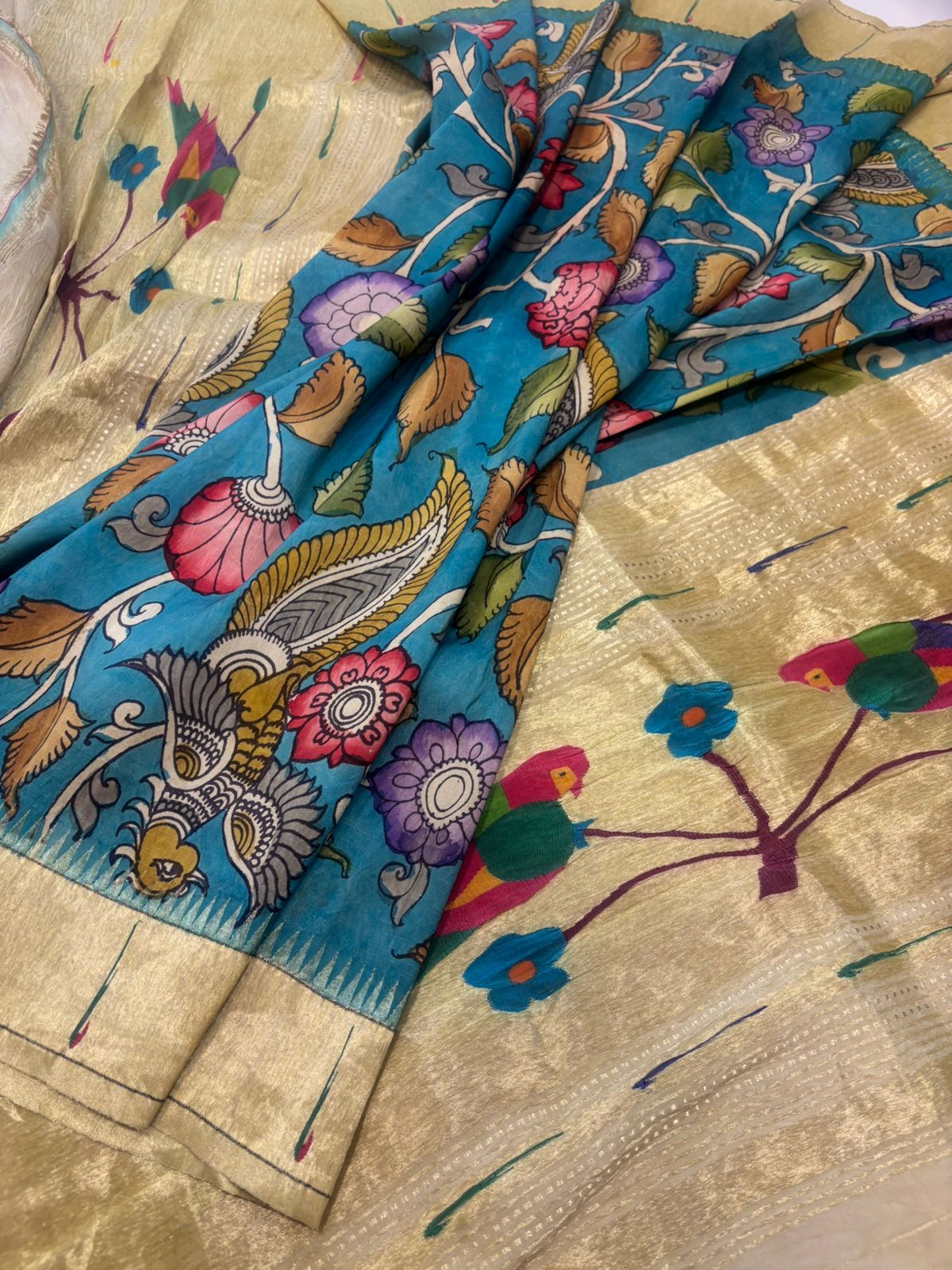 Multicolor Handloom Paithani With Kalamkari Pure Silk Dupatta - Luxurion World- Crafted Heirlooms