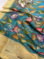 Multicolor Handloom Paithani With Kalamkari Pure Silk Dupatta - Luxurion World- Crafted Heirlooms