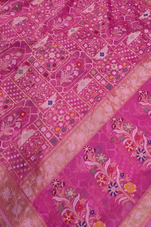 Pink Handloom Banarasi Jamdani Cotton Flower Design Saree - Luxurion World