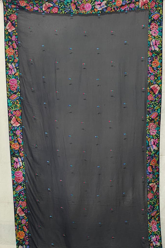 Exquisite Black Hand Embroidered Parsi Gara Georgette Petit Point Saree