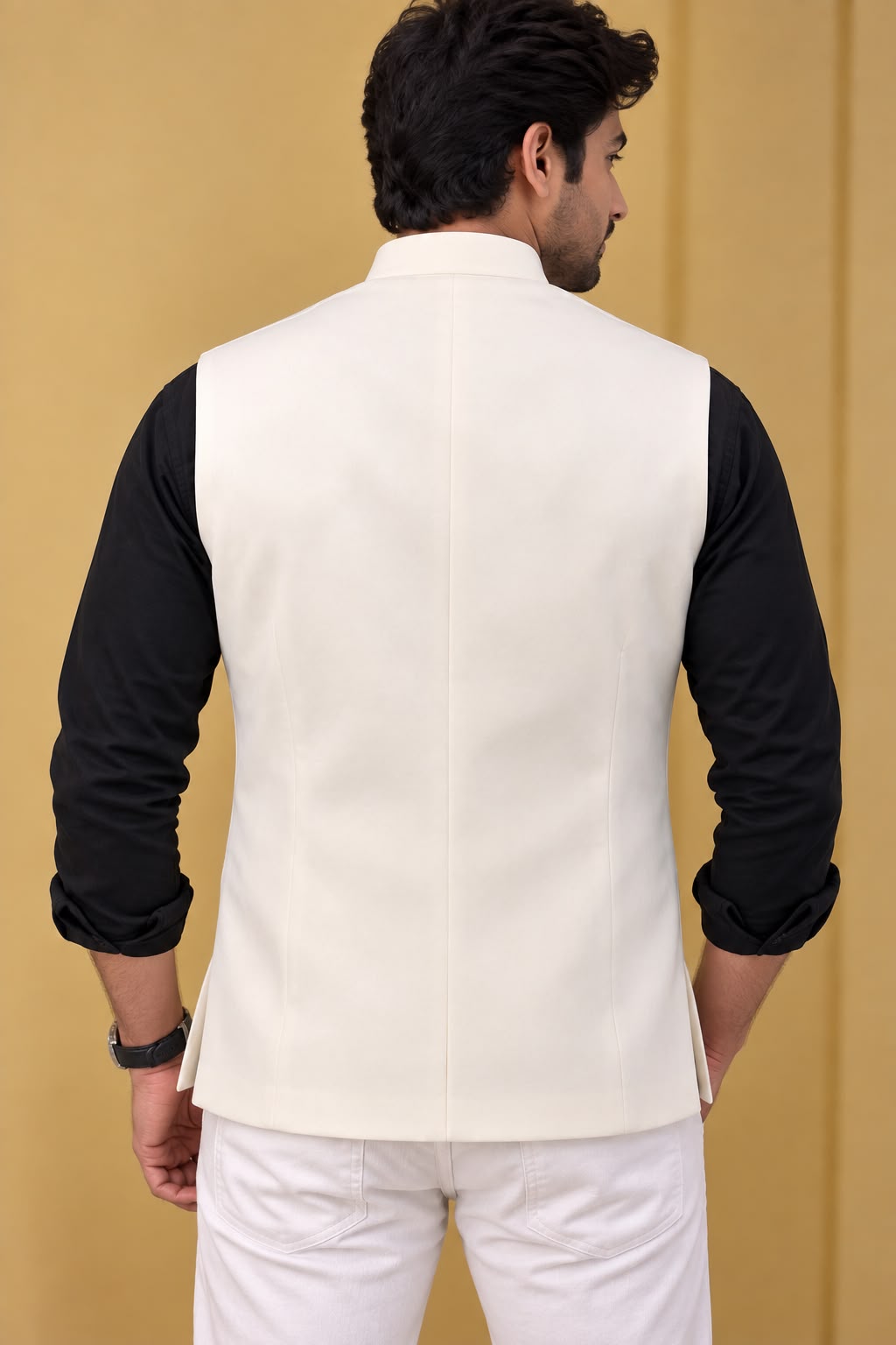 Off White Crepe Silk Formal Nehru Jacket