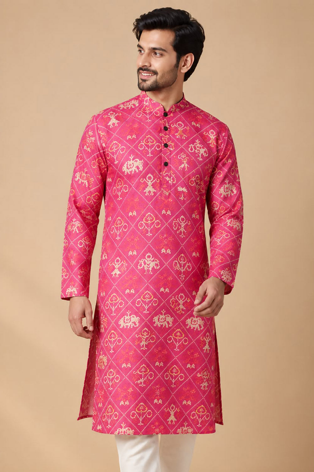 Exquisite Pink Purple Patola Design Digital Printed Tussar Silk Kurta