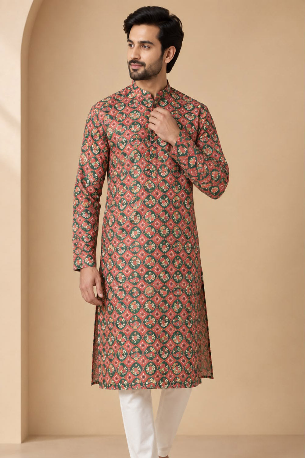 Red Digital Printed Patola Design Tussar Silk Kurta