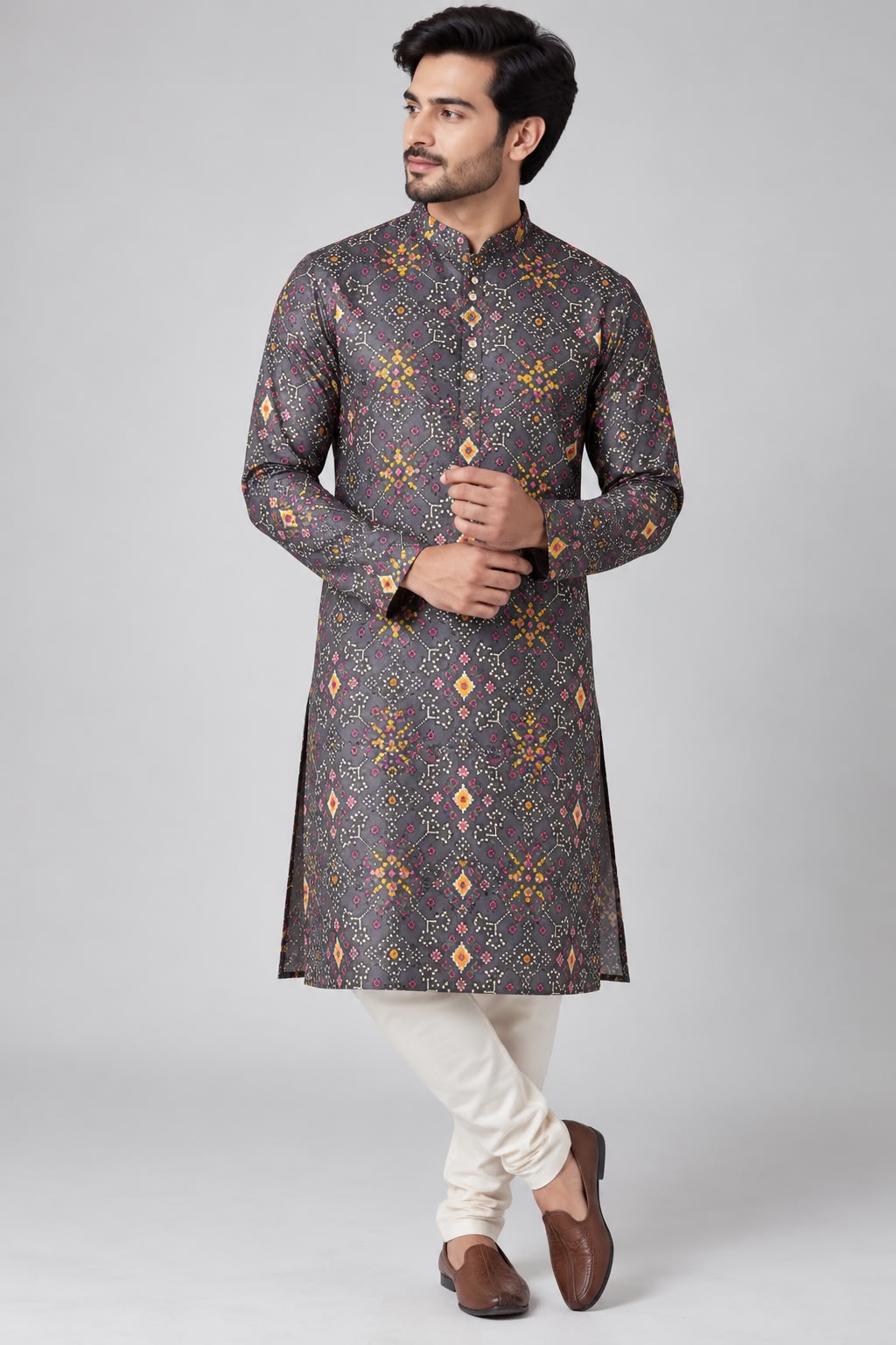 Grey Digital Printed Patola Design Tussar Silk Kurta