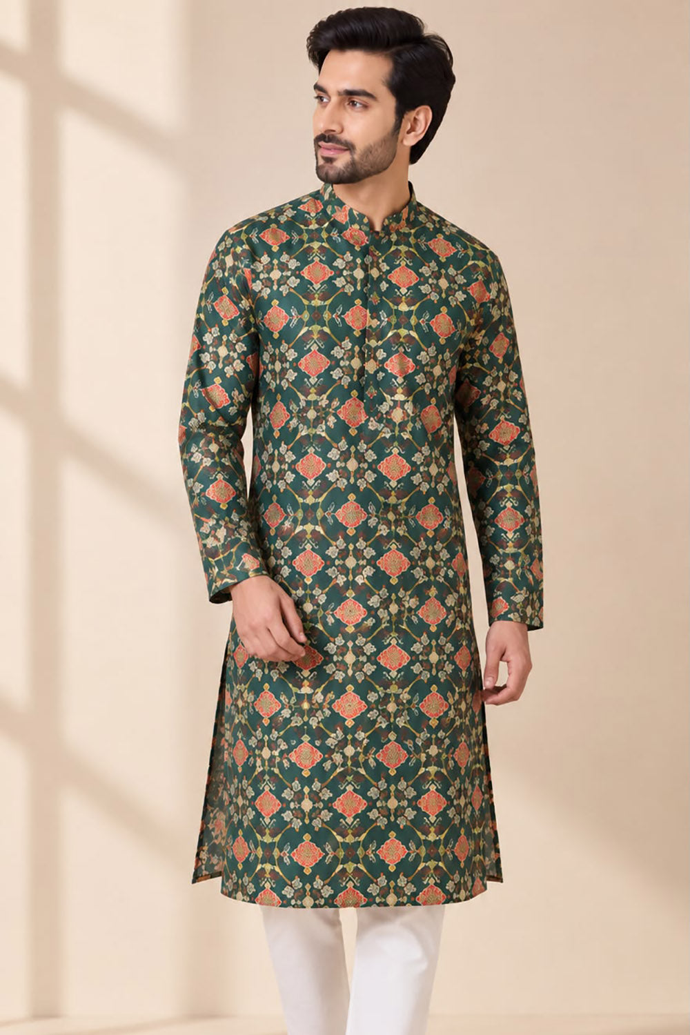 Stunning Green Patola Design Digital Printed Tussar Silk Kurta