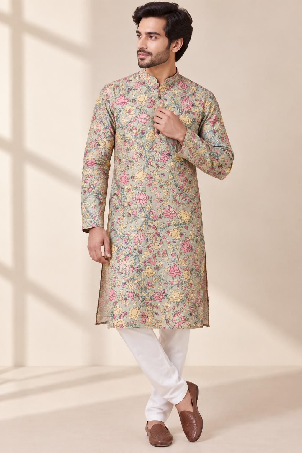 Green Kalamkari Digital Printed Tussar Silk Kurta