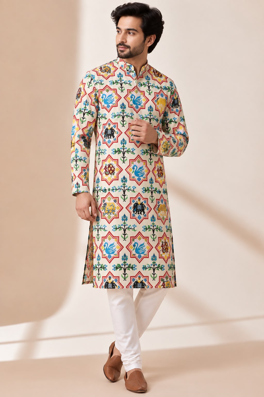 Off White Patola Tussar Silk Kurta — Digital Print, Festive