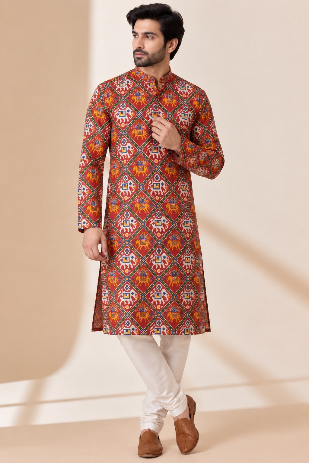 Red Patola Tussar Silk Kurta — Digital Print, Festive