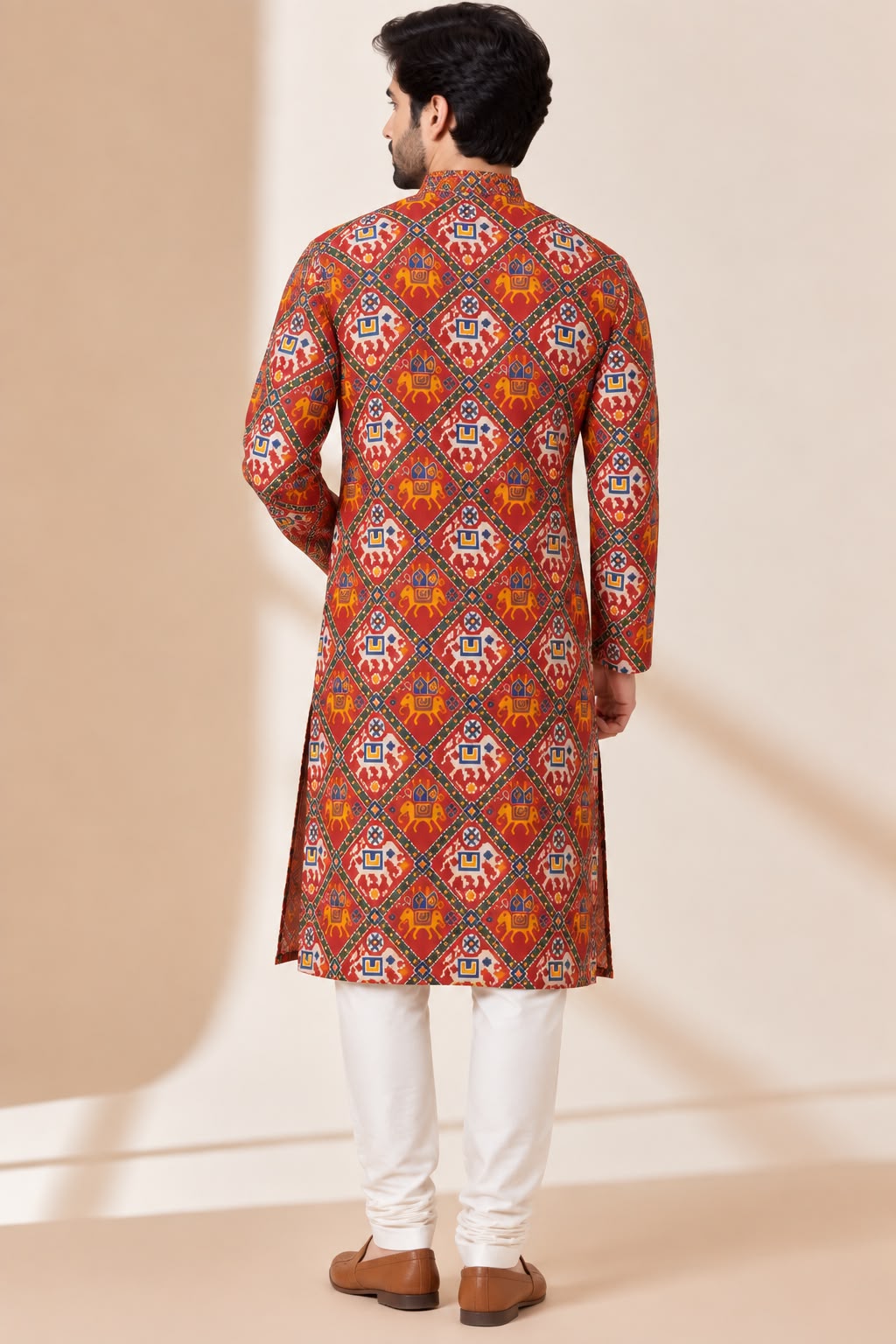 Red Patola Tussar Silk Kurta — Digital Print, Festive