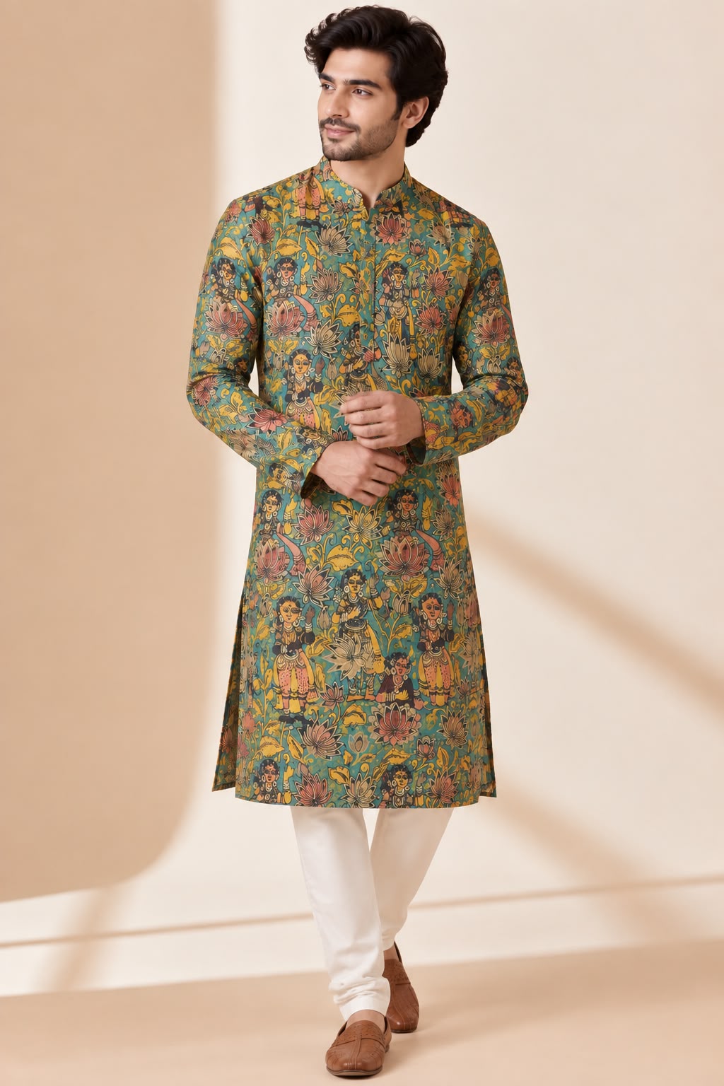 Multicolor Digital Printed Kalamkari Tussar Silk Kurta