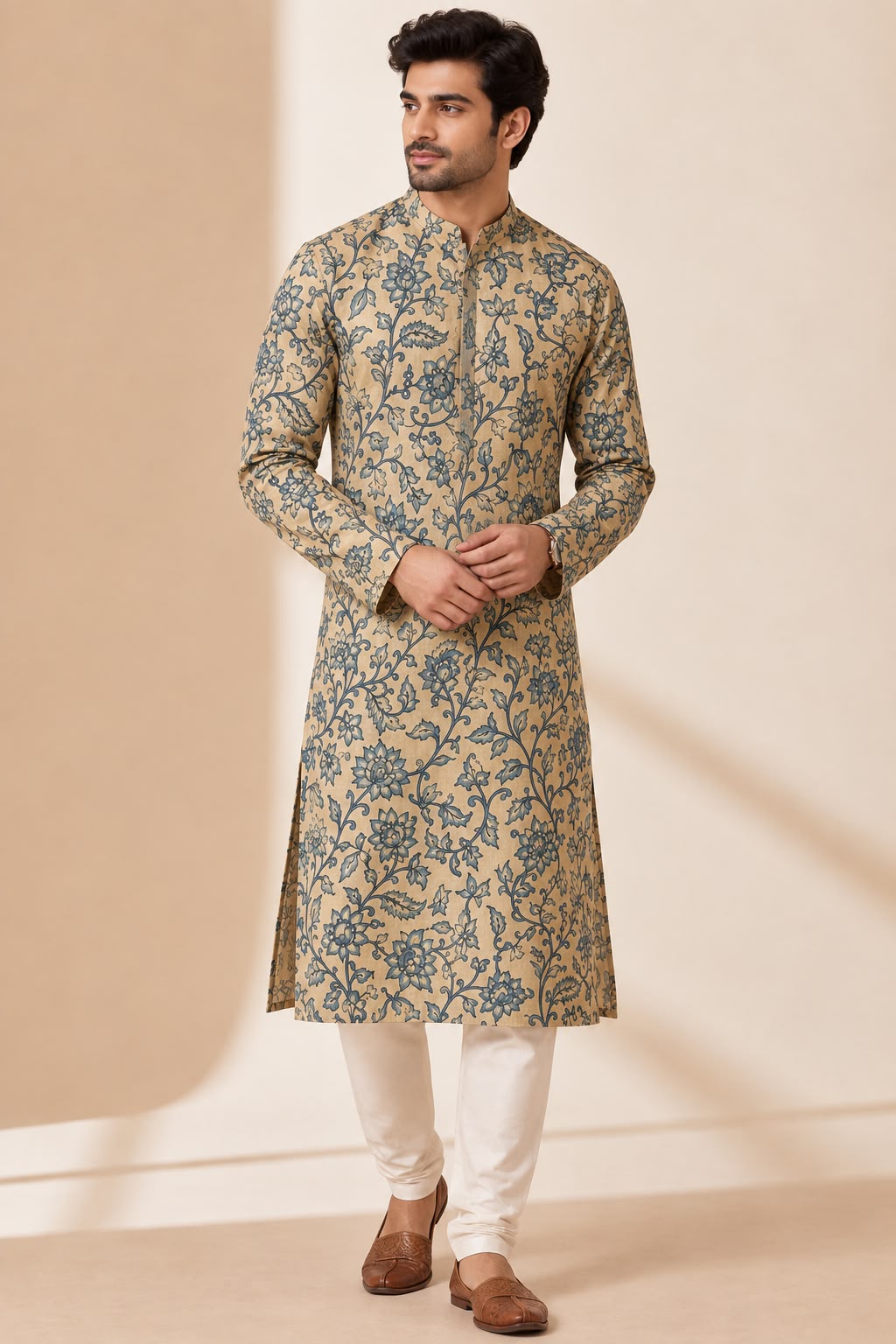 Pastel Digital Printed Kalamkari Tussar Silk Kurta